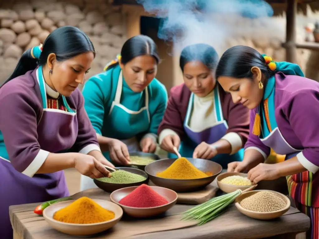 Mujeres indígenas peruanas preparando platos auténticos en cocina andina