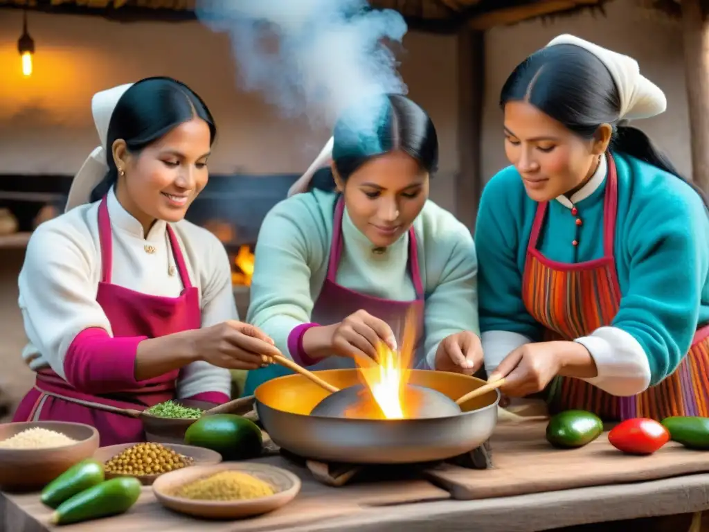 Mujeres indígenas peruanas preparando platos tradicionales, destacando su importancia en la conservación de la gastronomía peruana