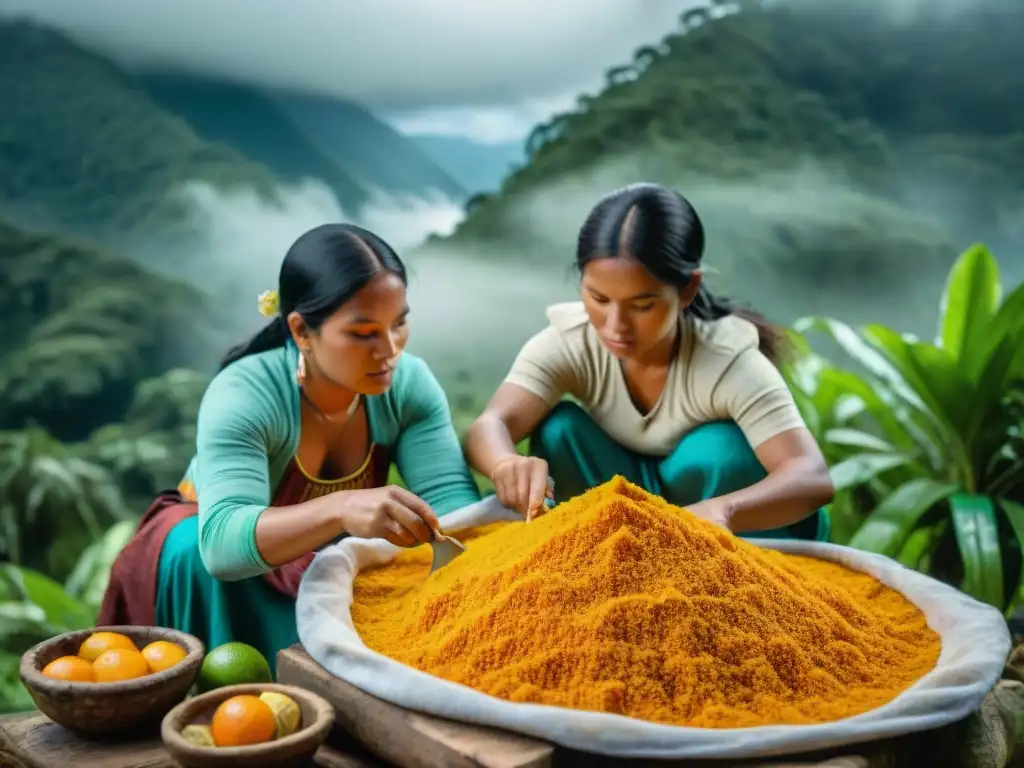 Mujeres indígenas peruanas extrayendo pulpa de aguaje en la selva amazónica