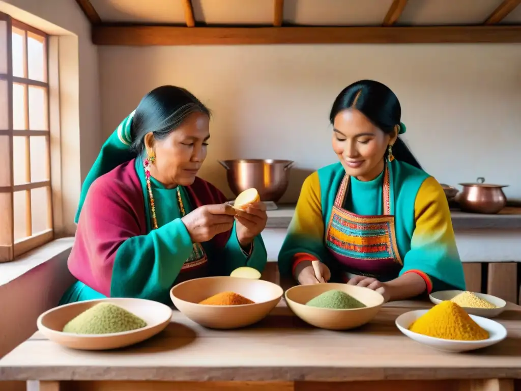 Mujeres indígenas peruanas preparando recetas tradicionales en comunidad rural