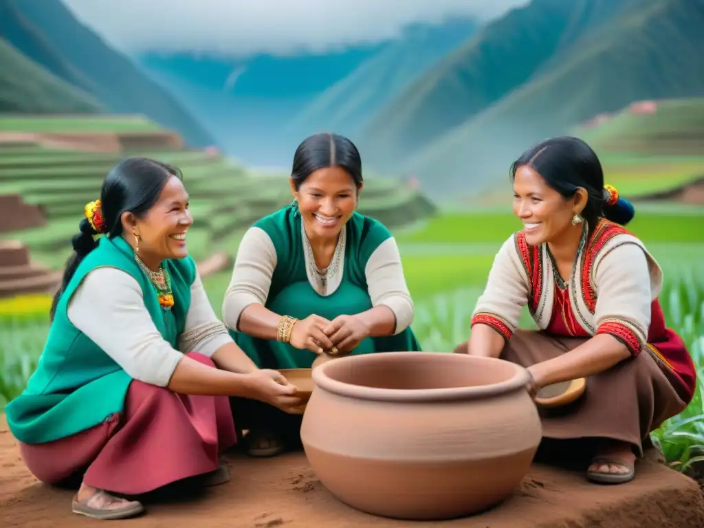 Mujeres indígenas peruanas sonrientes fermentando chicha en Perú, técnicas de fermentación indígenas Perú