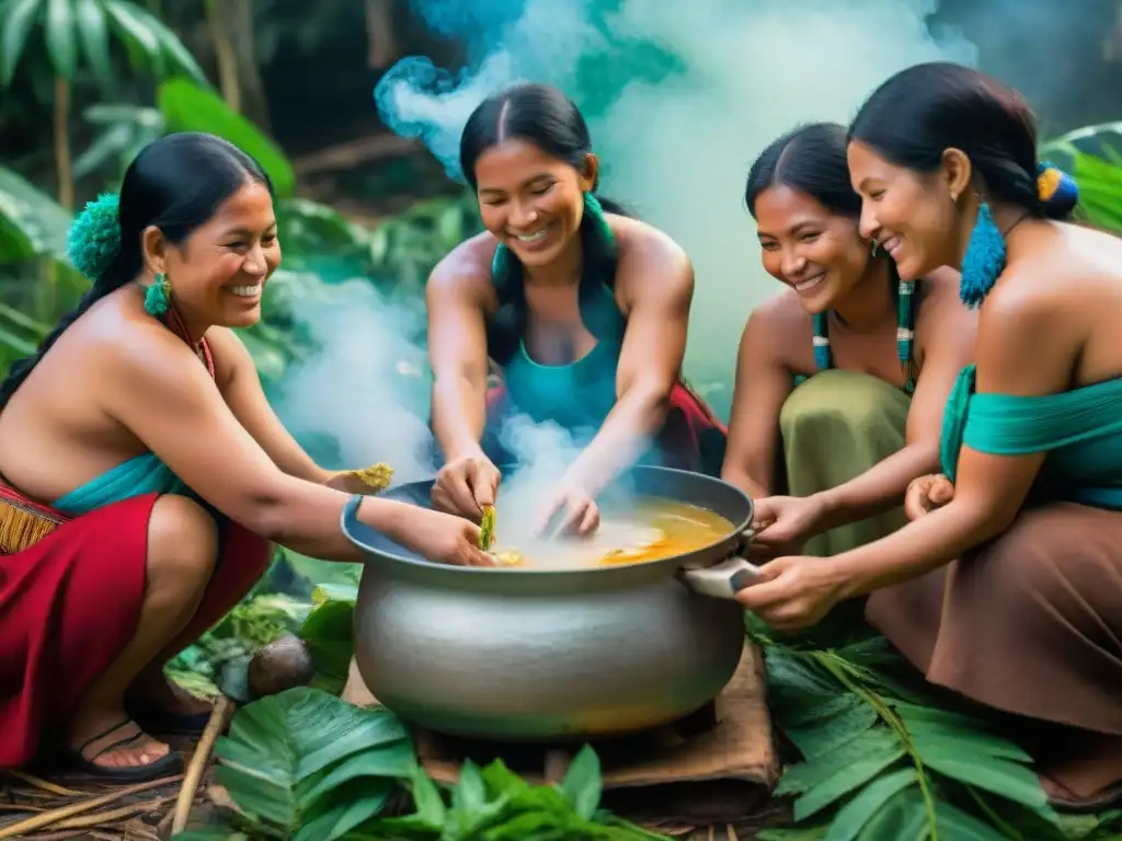 Mujeres indígenas peruanas preparando Sopa Timbuche en la selva amazónica, resaltando sus beneficios y secretos