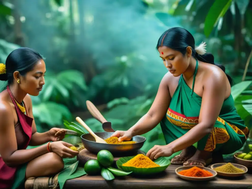 Cocina ancestral de mujeres indígenas en la selva amazónica Mujeres indígenas preparando platos con ingredientes autóctonos en la cocina de la selva