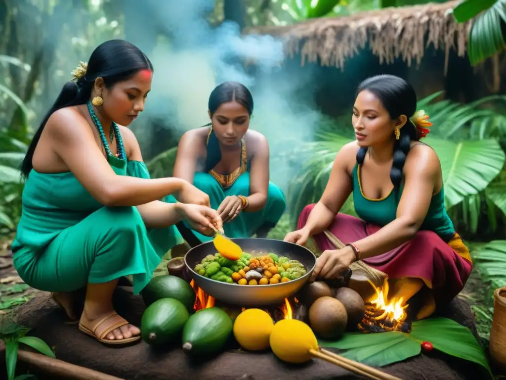 Mujeres indígenas preparando cocina selvática en la selva Mujeres indígenas preparan platos en la selva con ingredientes autóctonos