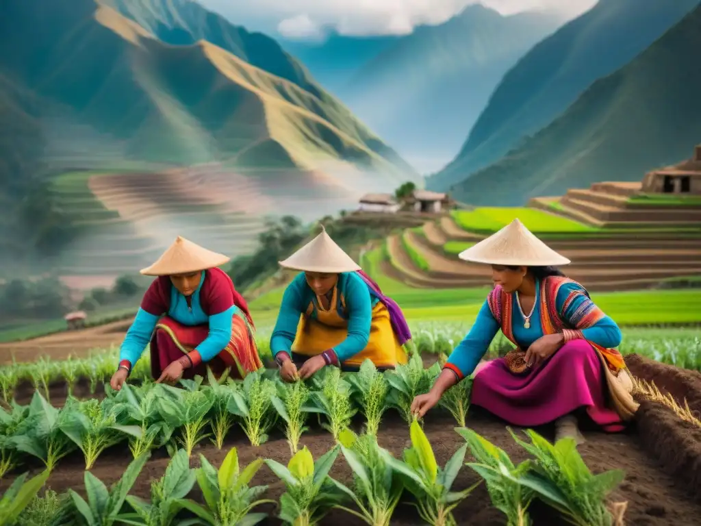 Mujeres indígenas de Perú cultivando quinua en los Andes, simbolizando la mujer en la agricultura sostenible