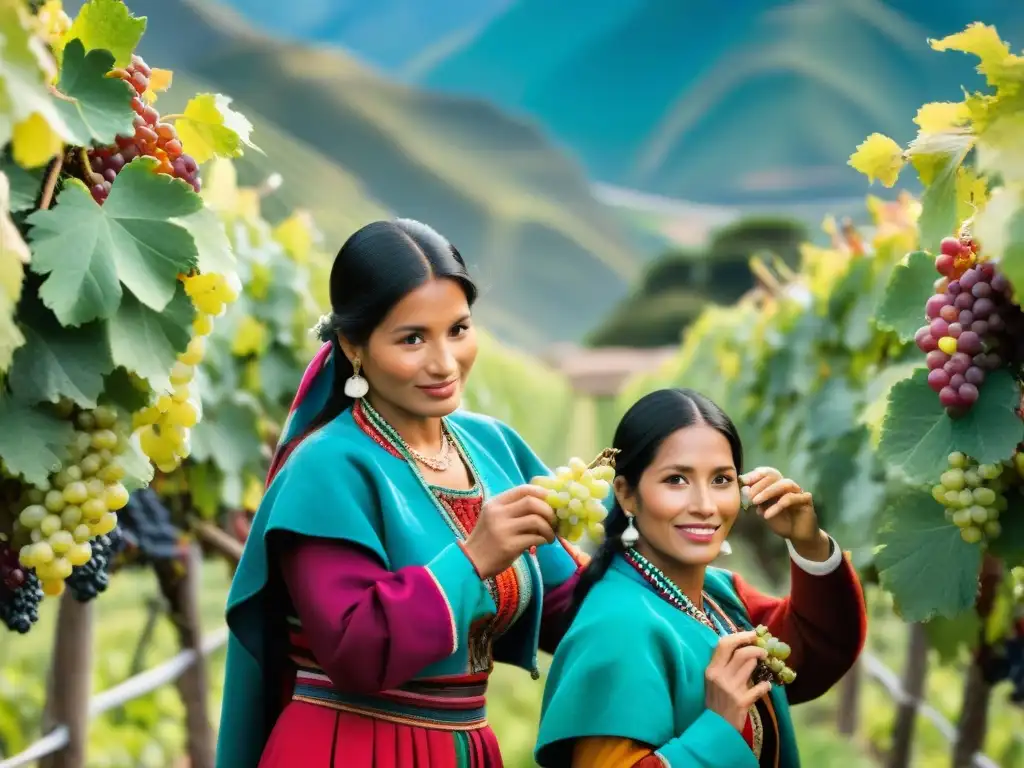 Mujeres en la industria culinaria: Grupo de mujeres peruanas en vestimenta tradicional recolectando uvas en viñedo con los Andes de fondo