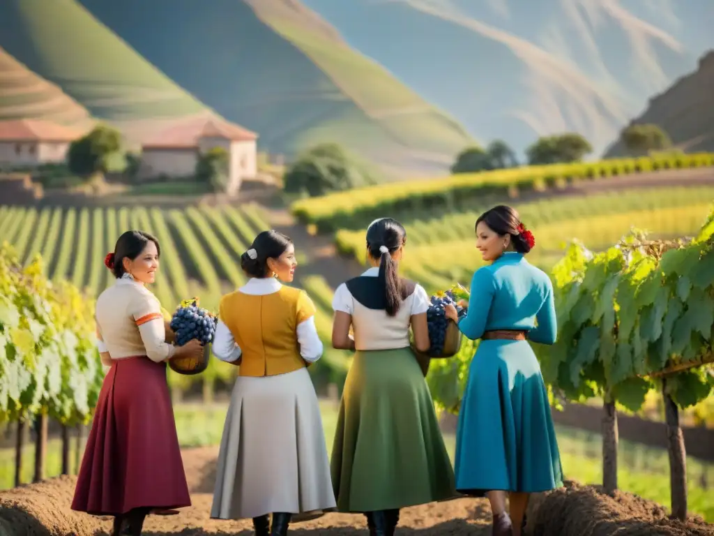 Mujeres en la industria culinaria trabajando juntas en viñedo peruano al atardecer