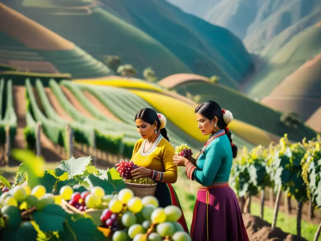 Mujeres en la industria culinaria: Peruanas recolectando uvas en un viñedo soleado, destacando su vital labor en la producción de Pisco