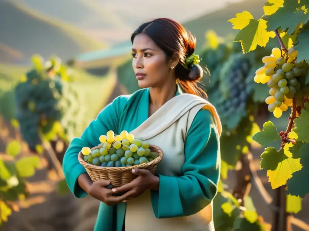 Mujeres en la industria culinaria recolectando uvas al amanecer en un viñedo peruano, bajo un cielo dorado y cálido