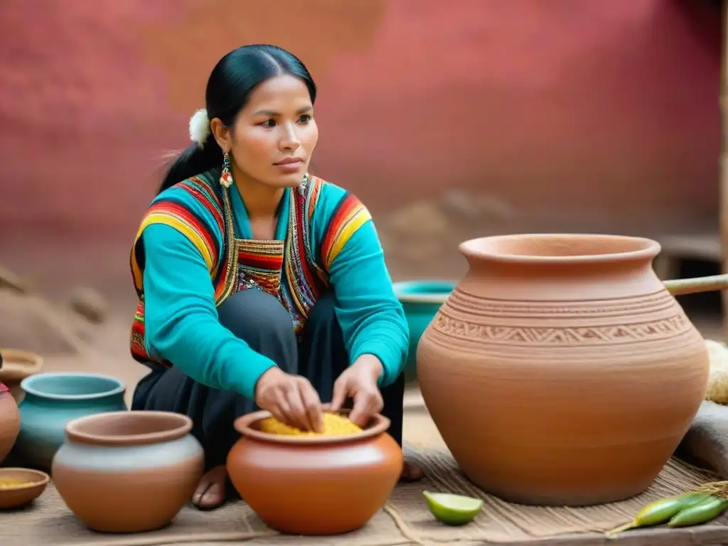 Mujeres locales en vestimenta tradicional fermentando maíz para chicha en ollas de barro en un pueblo andino vibrante