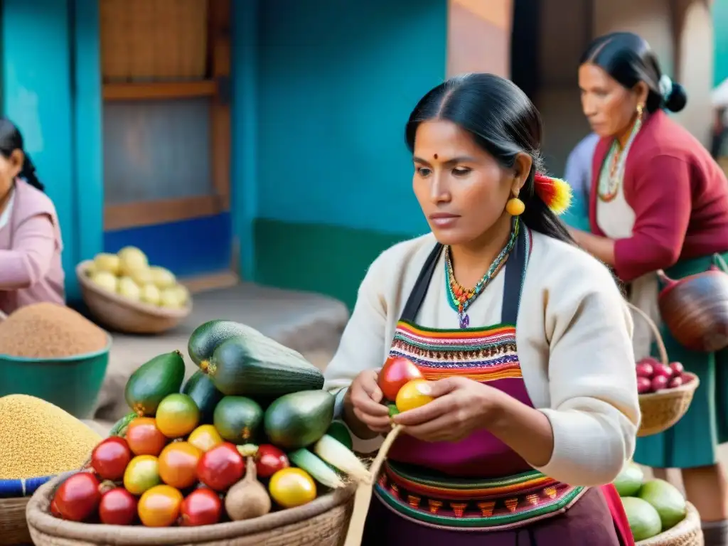 Mercado peruano: mujeres eligen alimentos ricos en hierro Mujeres peruanas en mercado, seleccionando alimentos ricos en hierro