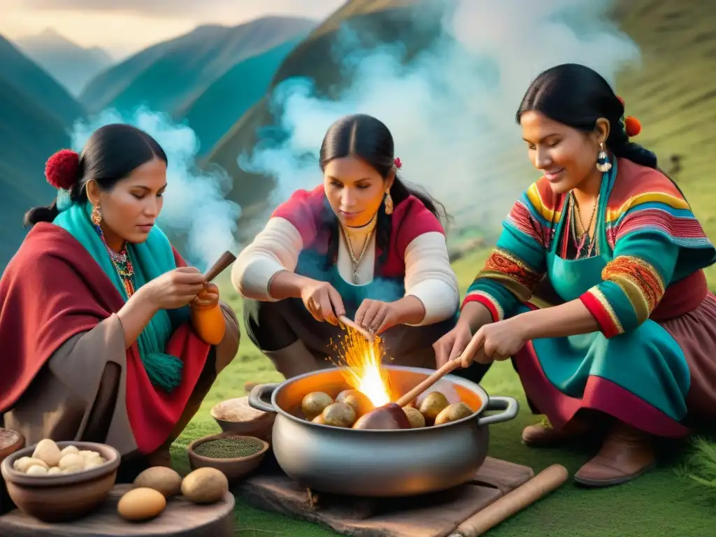 Mujeres peruanas preparando Pachamanca tradicional al aire libre, platos peruanos influenciados por la guerra