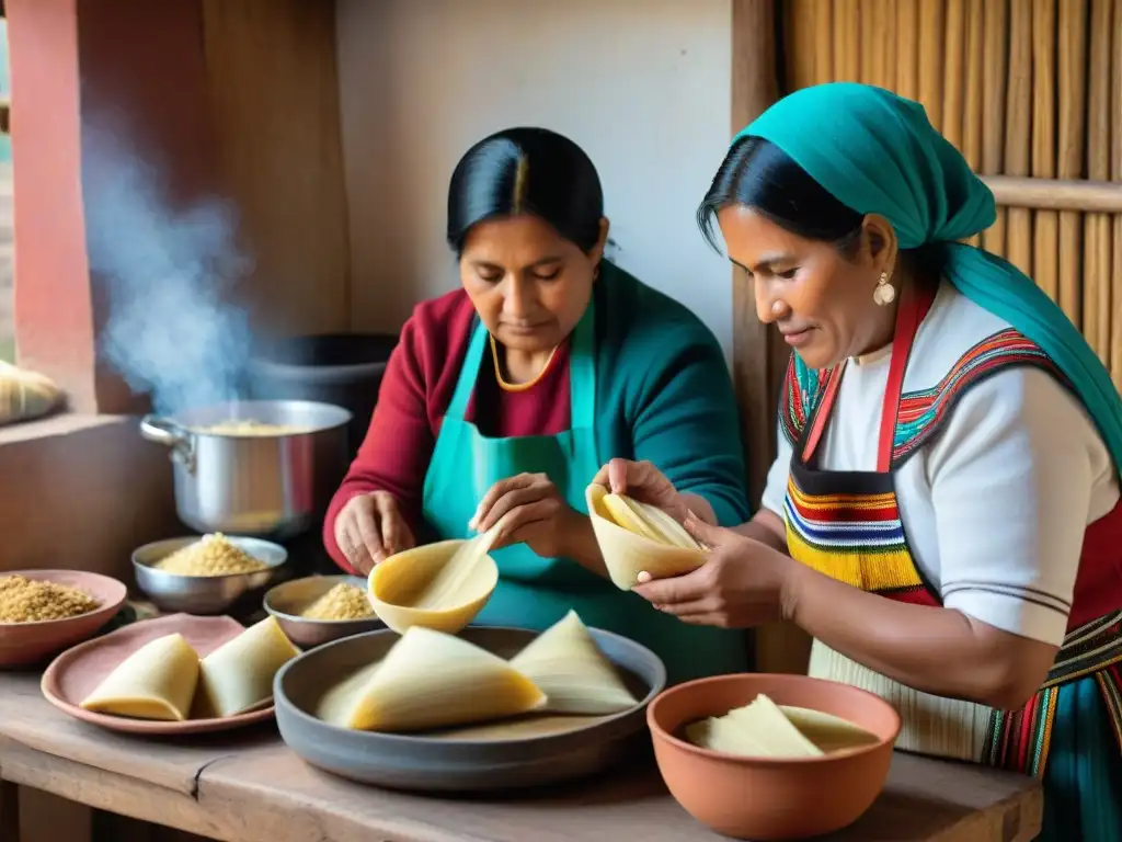 Mujeres peruanas preparando tamales en cocina andina, mostrando la historia tamal peruano tradicional