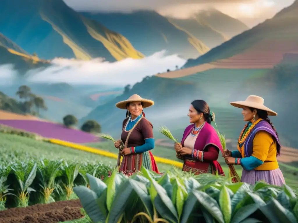 Mujeres peruanas en trajes andinos trabajando en agricultura sostenible con quinoa, maíz morado y papas en campo vibrante de los Andes