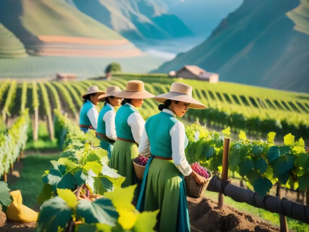 Mujeres pioneras en la industria destiladora del Perú, cosechando uvas en un viñedo bajo el cálido sol