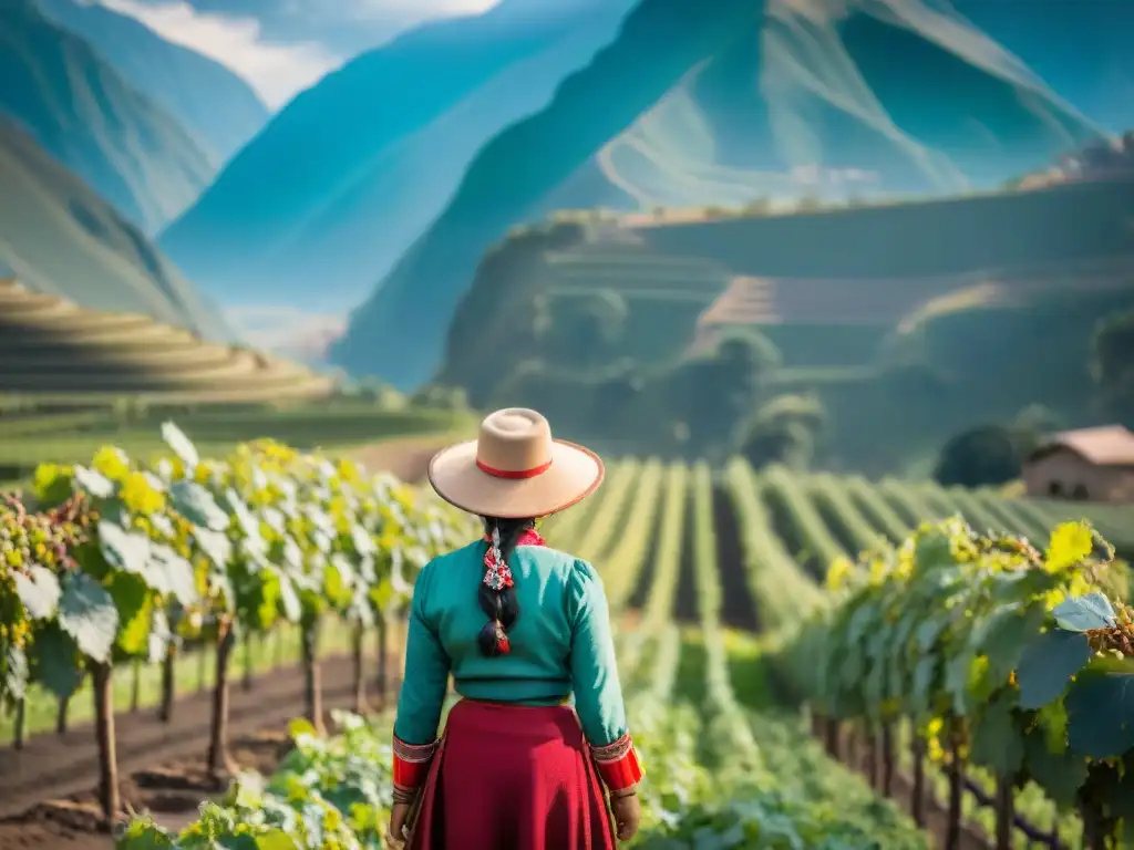 Mujeres pioneras de la industria destiladora en Perú cultivando uvas con los Andes de fondo