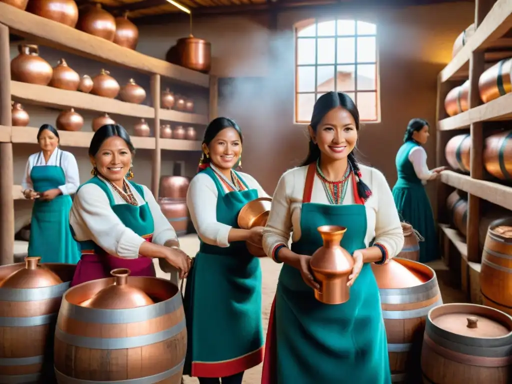 Mujeres pioneras en la industria destiladora de Perú, destilando pisco con dedicación en una tradicional destilería