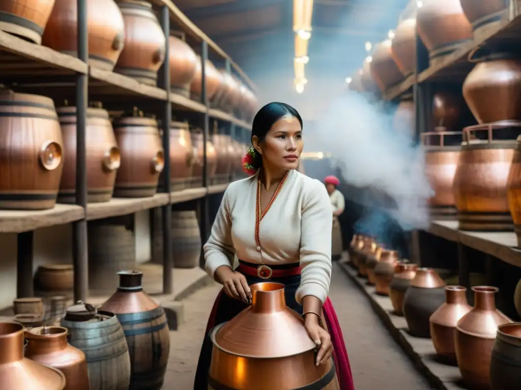 Mujeres pioneras de la industria destiladora en Perú operando alambiques de cobre en una destilería de pisco histórica