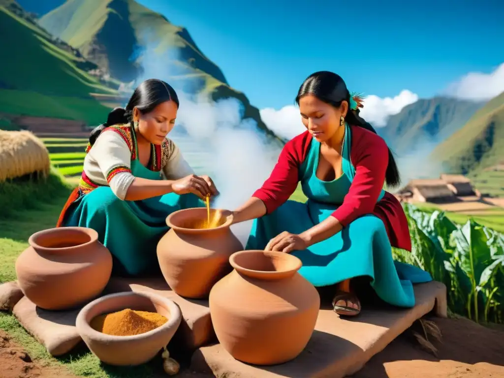 Proceso ancestral de preparación de chicha por mujeres Quechua en Perú Mujeres Quechua fermentando maíz en ollas de barro, paisaje andino y cielo azul
