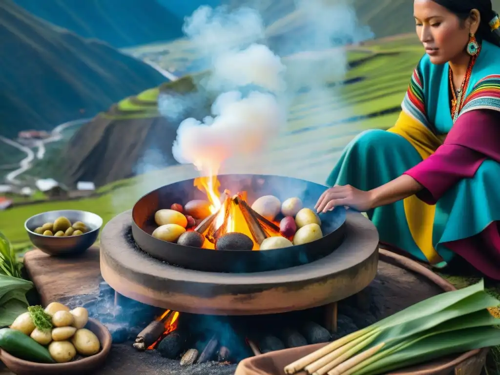 Mujeres Quechua supervisan la Receta tradicional Pachamanca Perú en los Andes