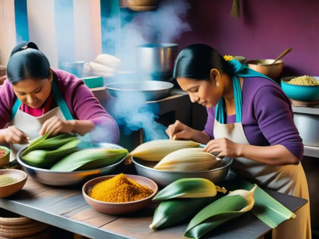 Mujeres preparando tamales en una cocina peruana tradicional durante el Festival de tamales peruanos autóctonos