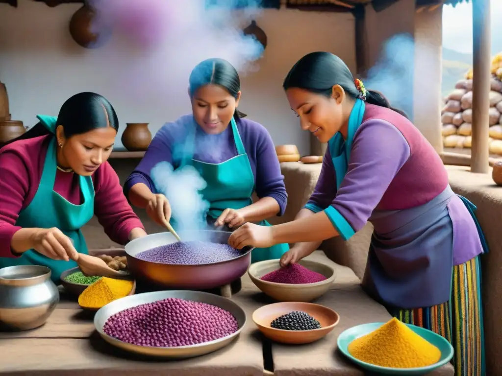 Mujeres en trajes tradicionales preparan Mazamorra Morada en cocina peruana de la Sierra, resaltando la tradición culinaria