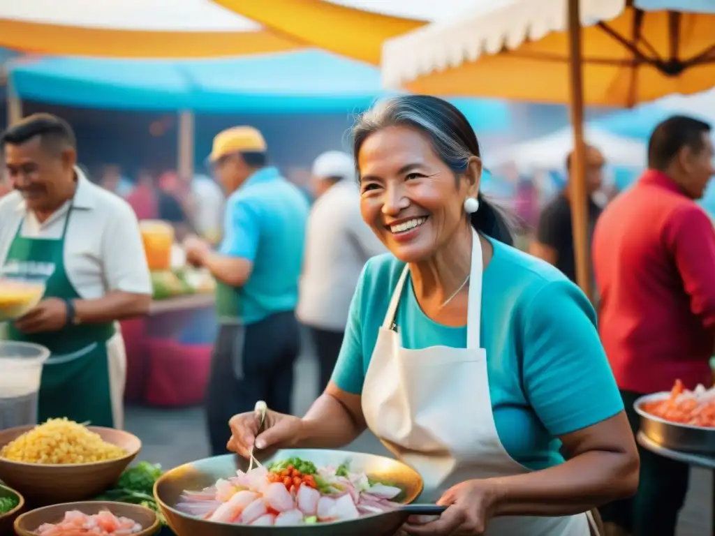 Multitud diversa disfrutando del Festival del Ceviche Lima con ceviche fresco y música en vivo