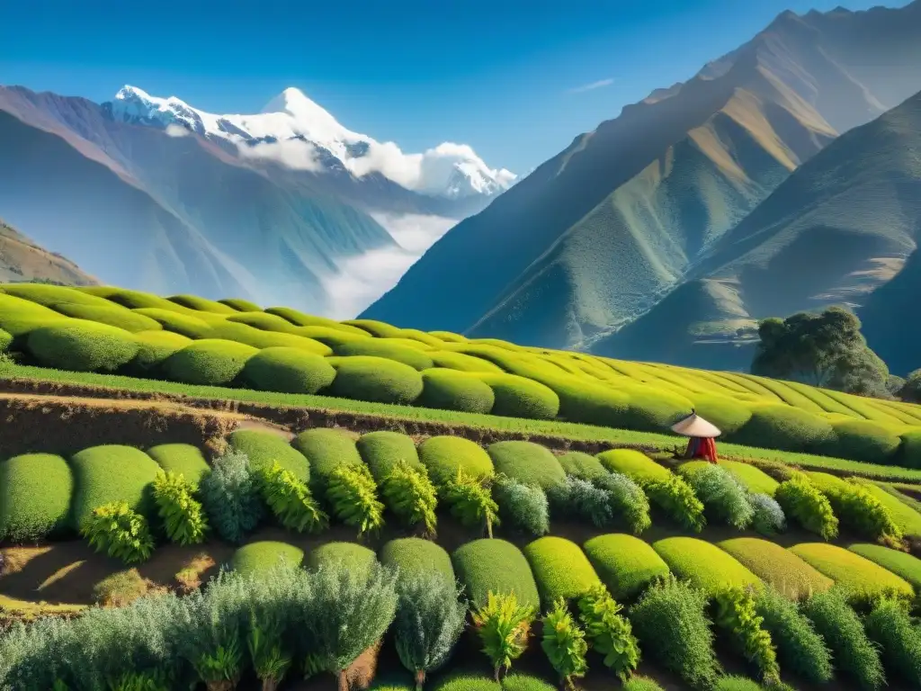 Plantación andina de muña con cultores locales recolectando hojas, bajo cielo azul y picos nevados de los Andes