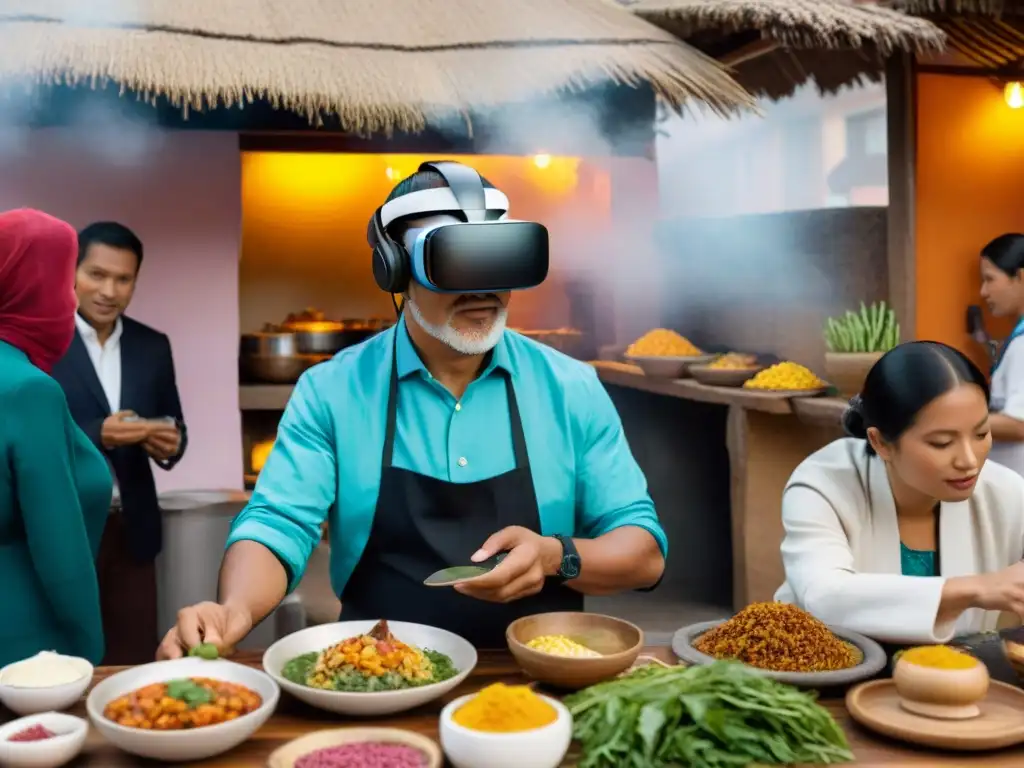 Un mundo virtual de plataformas digitales gastronomía peruana, con escenas detalladas y coloridas de chefs preparando delicias peruanas