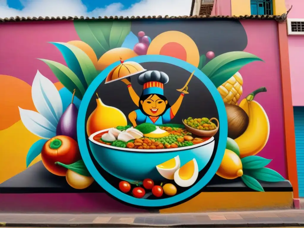 Mural callejero vibrante en Lima, Perú fusionando gastronomía tradicional con elementos de street art