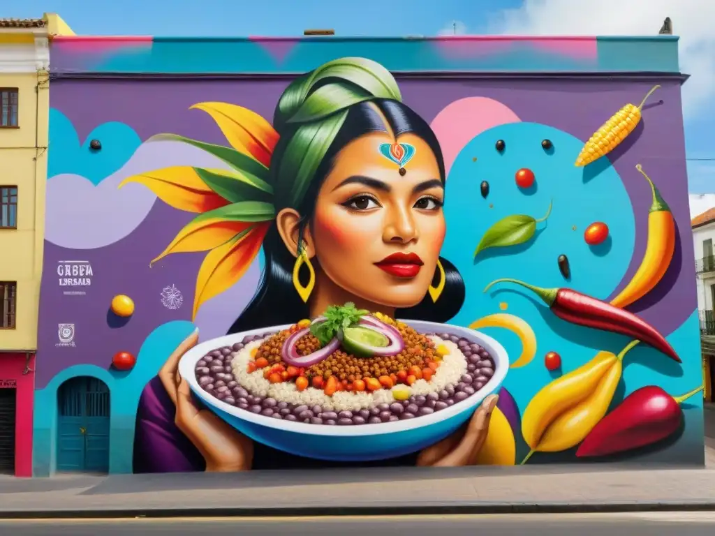 Un mural vibrante en una calle de Lima, Perú, fusiona la gastronomía tradicional con arte callejero