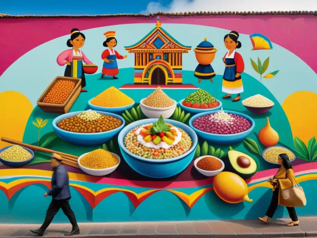 Murales vibrantes de la cultura culinaria peruana en Lima, con chefs preparando ceviche y escenas de mercado