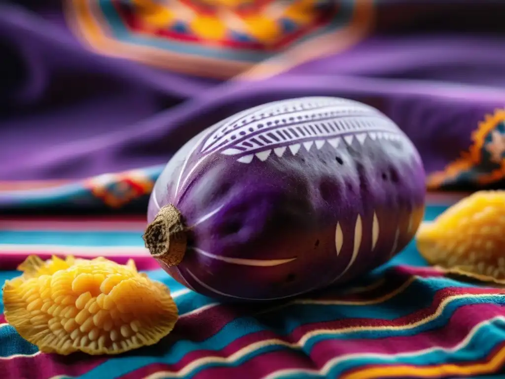 Papa Nativa Peruana en Recetas: Detalle de una papa morada con piel texturizada, sobre textil andino colorido