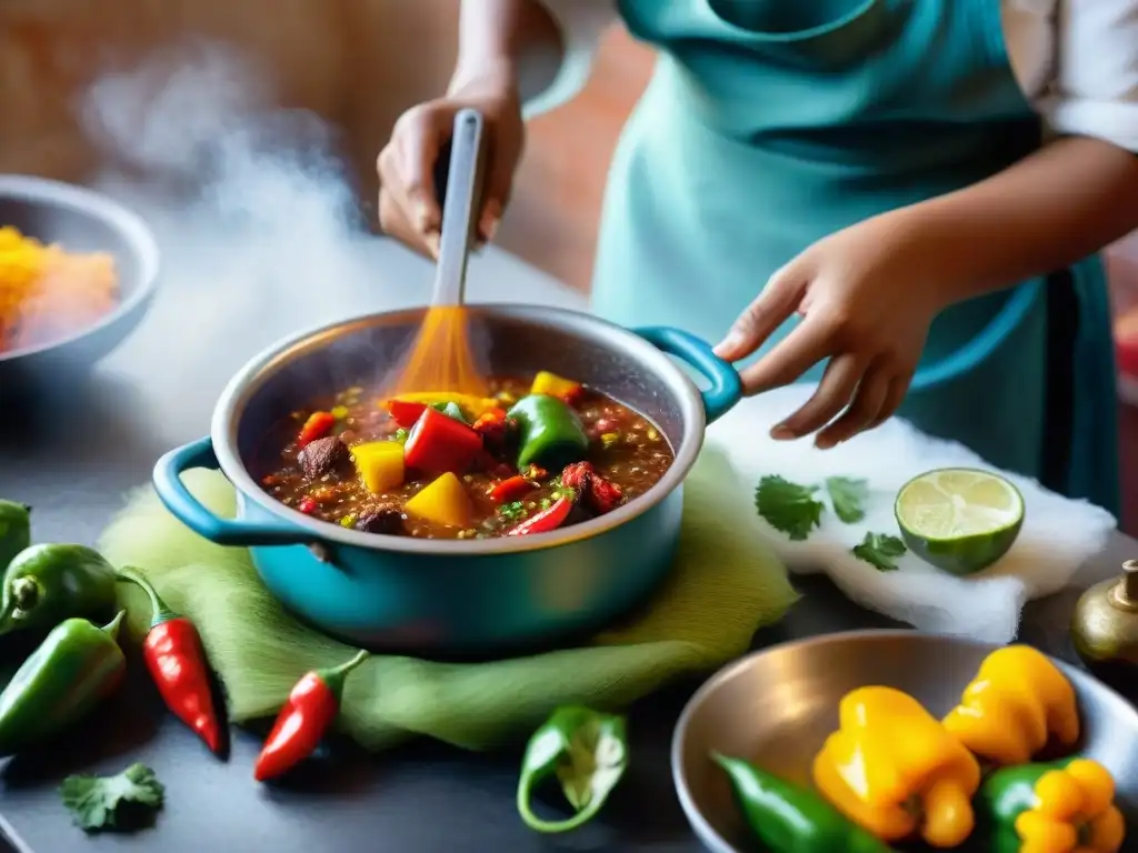 Un niño en una cocina peruana, añadiendo ají a una olla de guiso