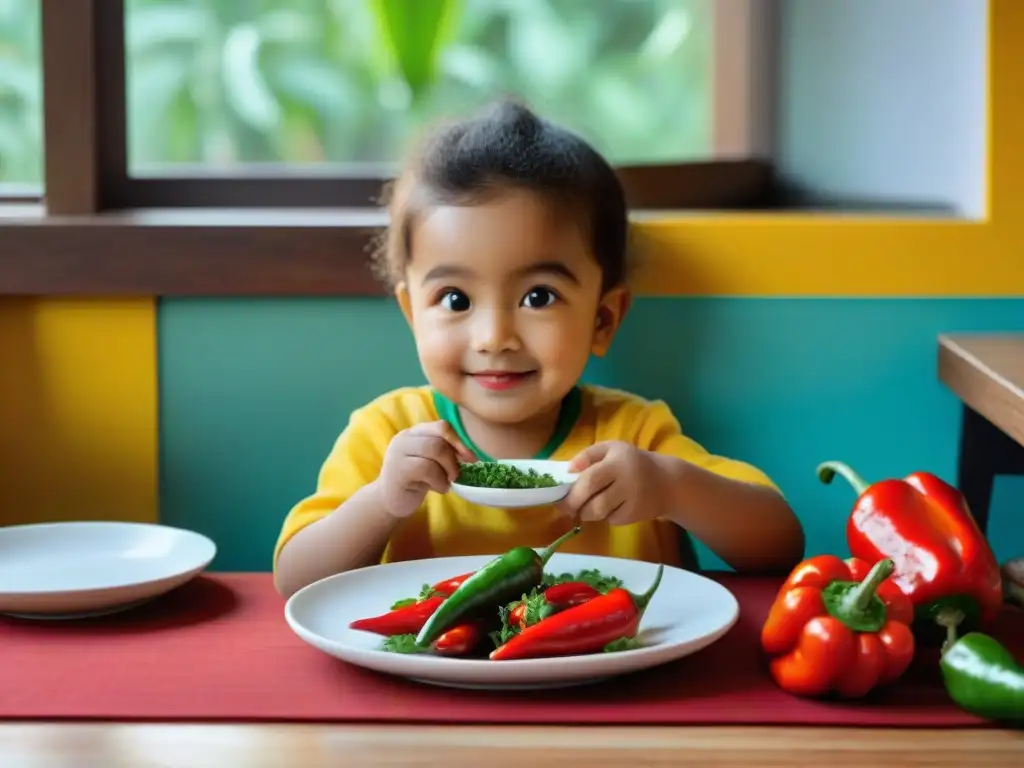 Un niño emocionado por probar recetas con ají, rodeado de coloridos platos en una cocina acogedora