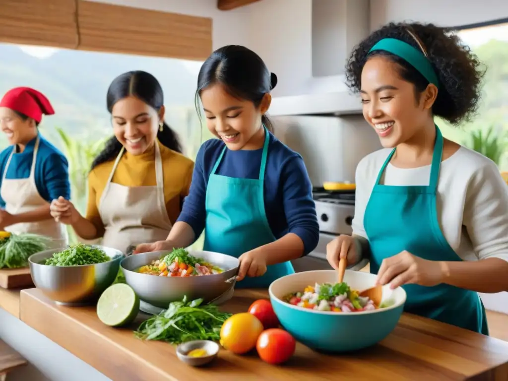 Taller de cocina: niños felices preparando ceviche peruano Niños disfrutan talleres de cocina peruana infantil, preparando ceviche con alegría y concentración en cocina luminosa