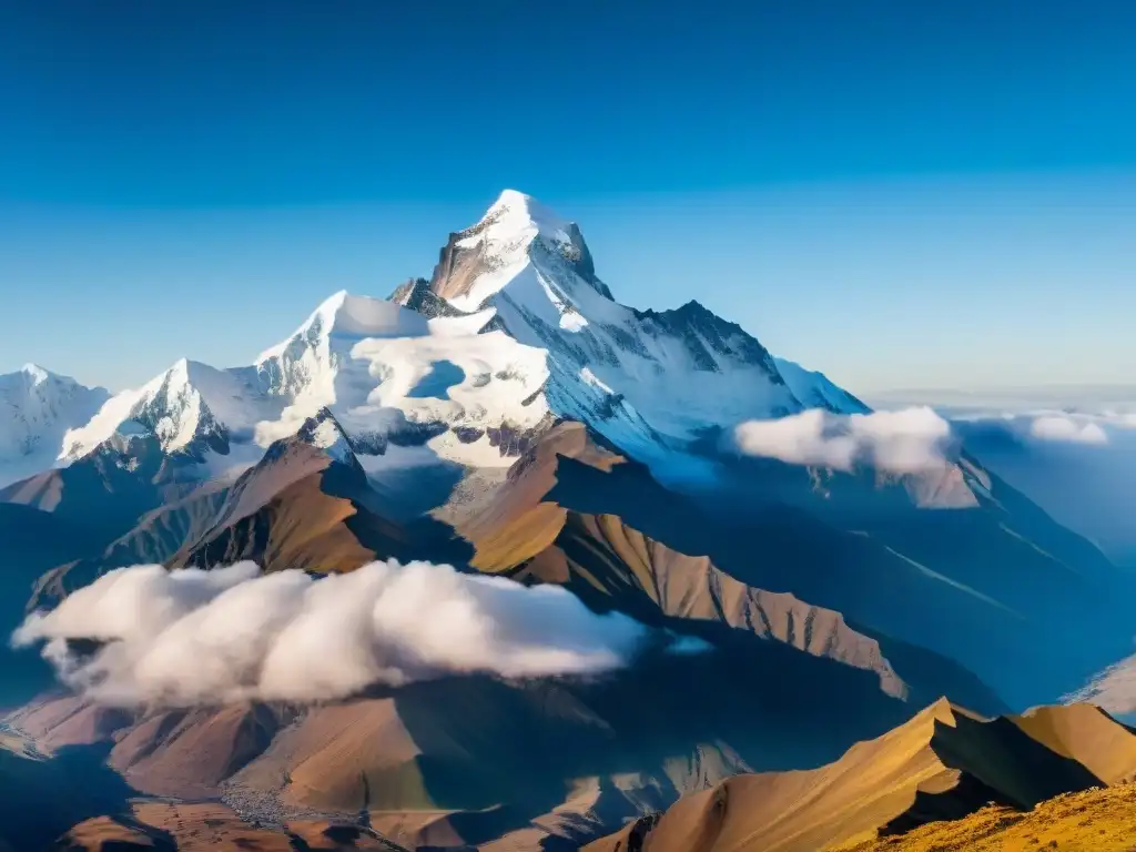 Ponche de habas Andes nutritivo: Majestuosos picos nevados de la cordillera Andina bajo cielo azul y nubes blancas