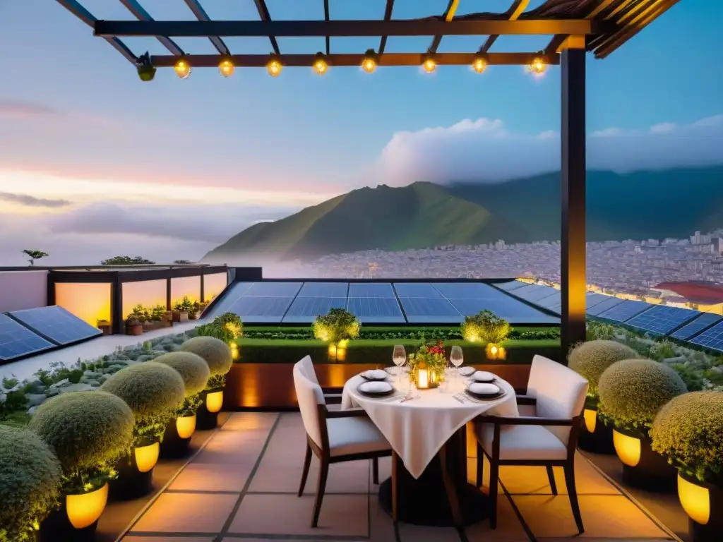 Un oasis de sostenibilidad en Lima: restaurante sostenible en jardín de azotea al atardecer