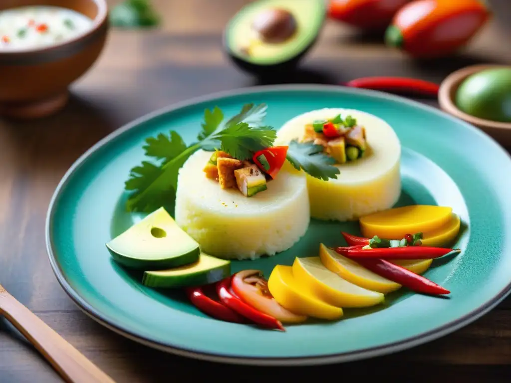 Una obra de arte culinaria: Causa Rellena peruana con detalles coloridos en un plato de cerámica