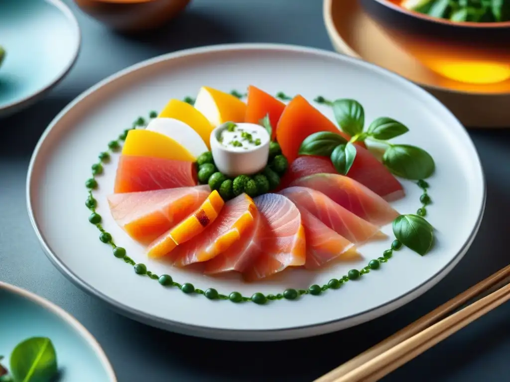 Una obra de arte culinaria: cortes y marinados en tiradito resaltan en un plato blanco impecable