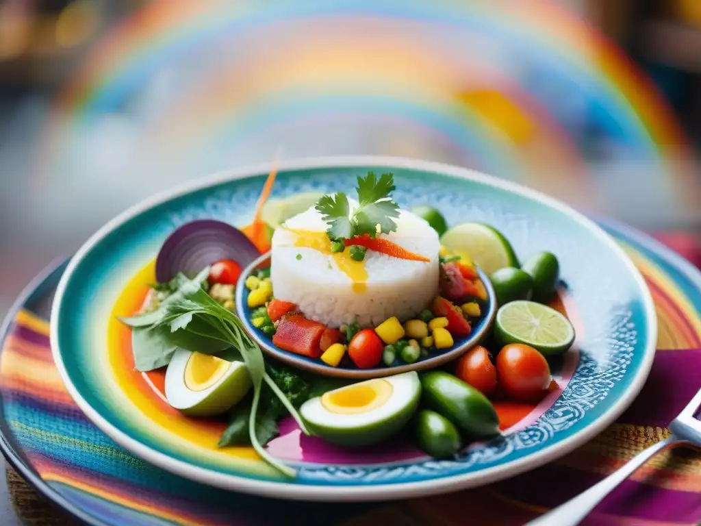 Una obra de arte culinaria peruana: ceviche vibrante y colorido en un plato decorado con detalles intrincados