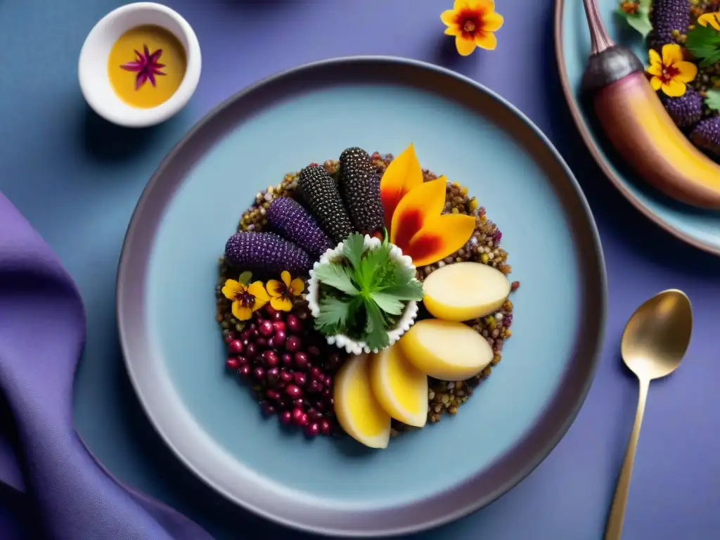 Una obra de arte culinaria peruana con ingredientes autóctonos en elegante presentación