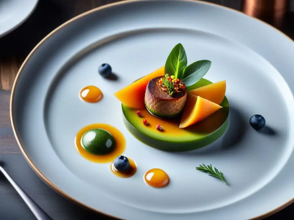 Una obra de arte culinaria en un plato blanco moderno con Técnicas de presentación gastronómica impecable