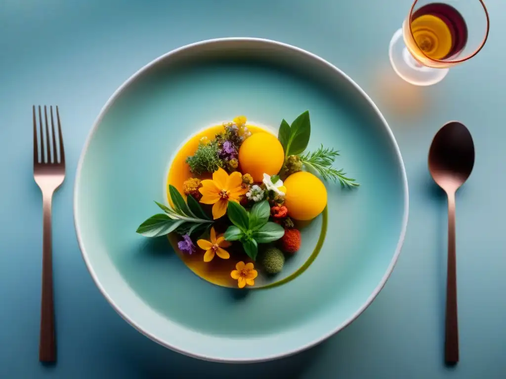 Una obra de arte gastronómica en plato y vajilla, con colores vibrantes y texturas intrincadas, destacando la armonía visual