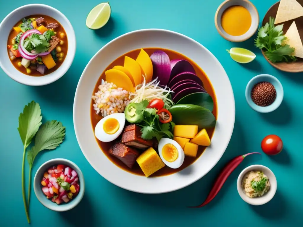 Pintura moderna de platillos peruanos: ceviche, causa y lomo saltado Una obra de arte moderna que destaca la gastronomía peruana con vibrantes platos como ceviche, causa y lomo saltado