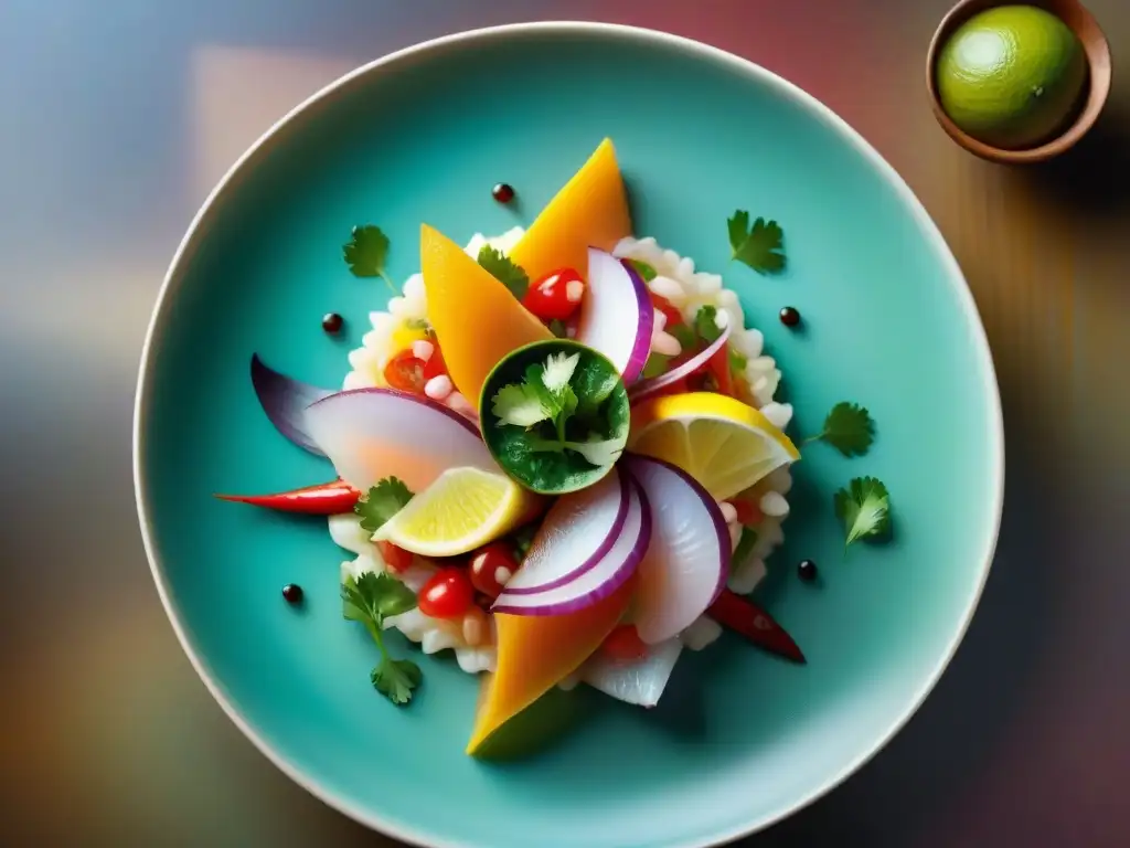 Una obra de arte visual inspirada en la cultura culinaria peruana, detallando un ceviche colorido y realista