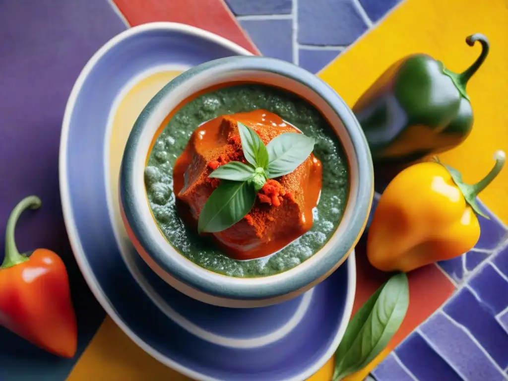 Una obra maestra de la cocina peruana: un molcajete con salsa de rocoto rojo rodeado de ingredientes vibrantes sobre azulejos pintados a mano