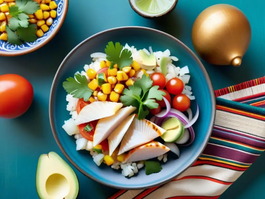 Una obra maestra culinaria de ceviche peruano colorido con pescado fresco, cebolla roja, tomate, cilantro, aguacate y maíz dorado en plato de cerámica