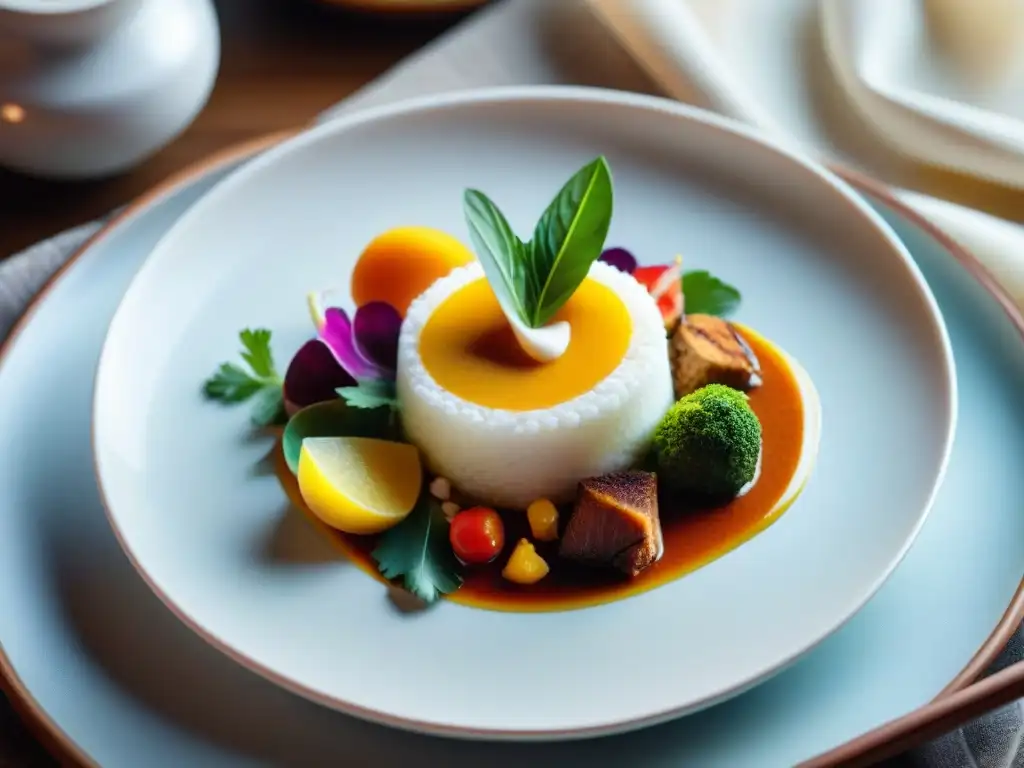 Una obra maestra culinaria peruana en plato blanco con técnicas modernas de presentación, rodeada de textiles tradicionales peruanos