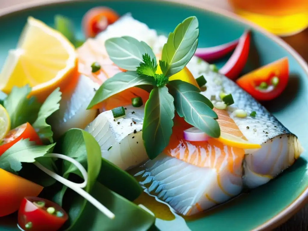 Una obra maestra culinaria que revela los secretos del auténtico ceviche peruano con sus colores vibrantes y frescura palpable